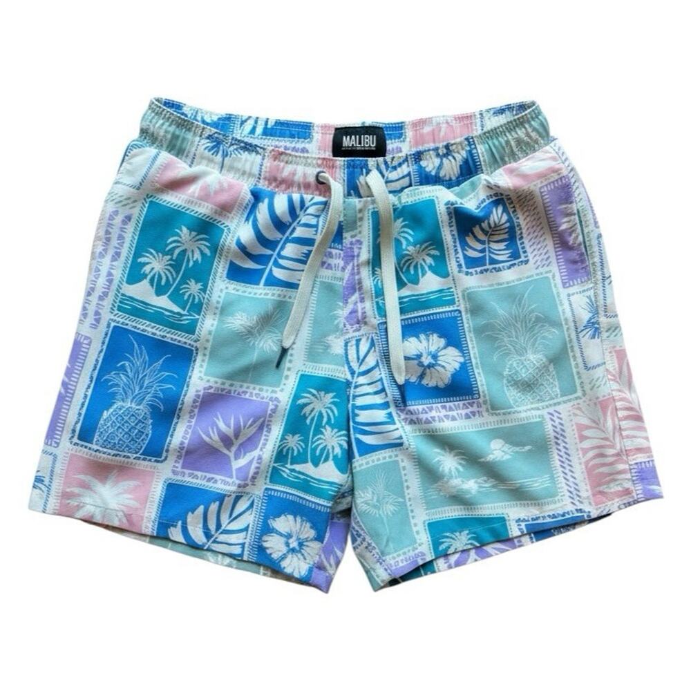 Malibu Men's Swim Shorts L Blue Tropical Elastic Waist Drawstring Mesh Pockets